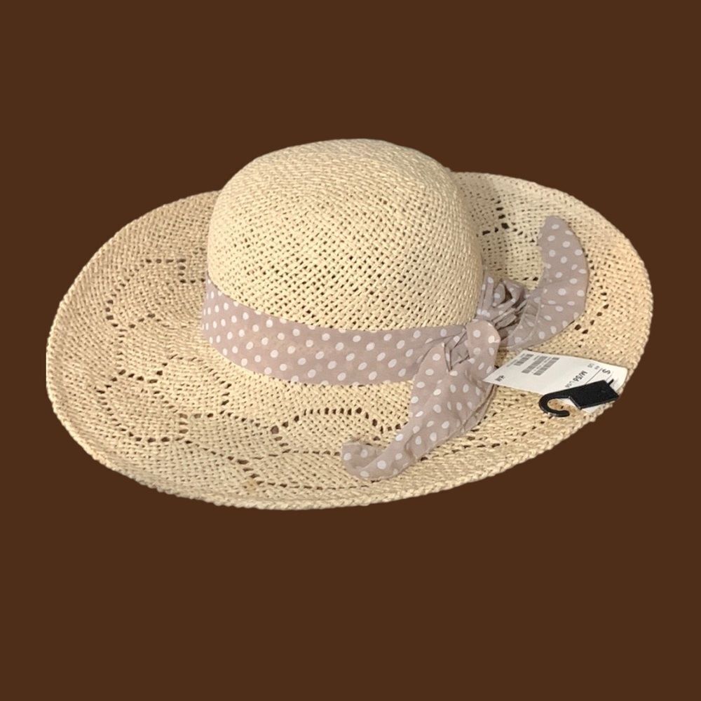 H&M | Women’s Neutral Beige Polka Dot Ribbon Tan Floppy Sun Straw Hat Visor Up